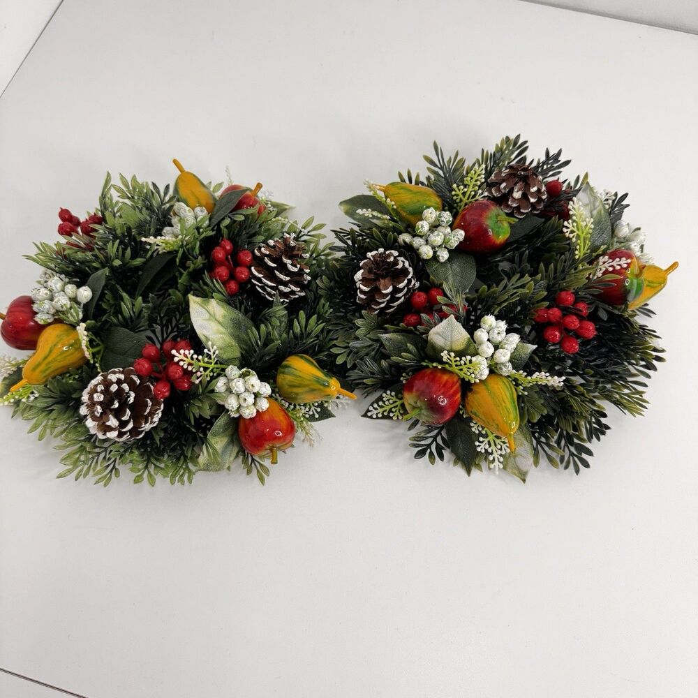 Pair Vintage Christmas Greenery Candle Ring Plastic Fruit Pinecone Colorful